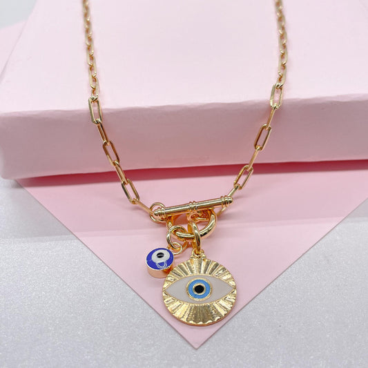 18k Gold Filled Paperclip Toggle Choker with Blue Evil eye charms