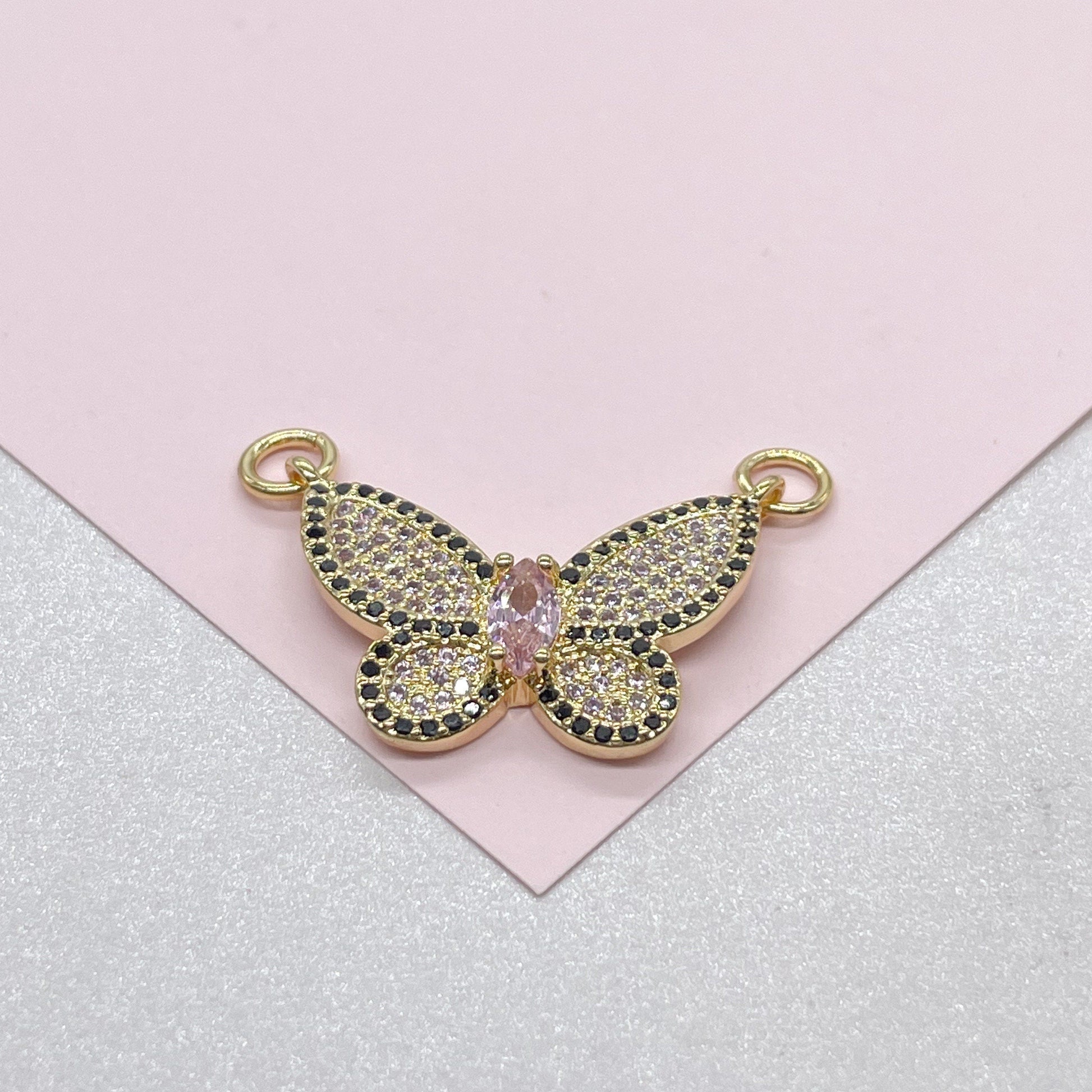 18k Gold Filled Butterfly Charm with Baby Pink Micro Pave Zirconia Butterfly Pendant