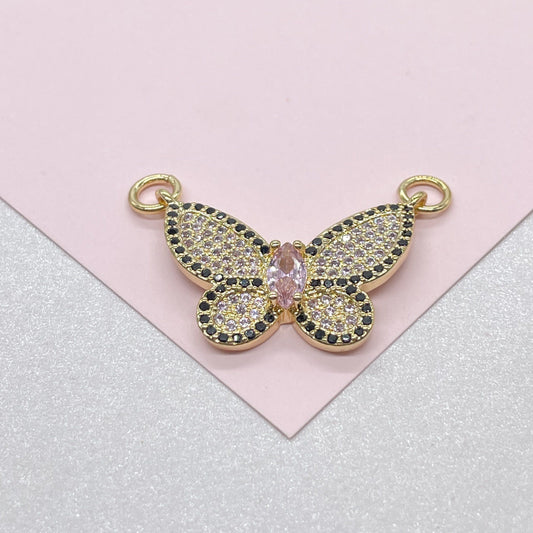 18k Gold Filled Butterfly Charm with Baby Pink Micro Pave Zirconia Butterfly Pendant