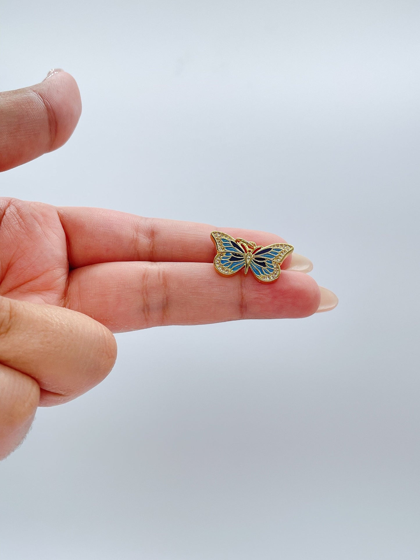 18k Gold Filled Blue tones Enamel Butterfly Charm With CZ Pave