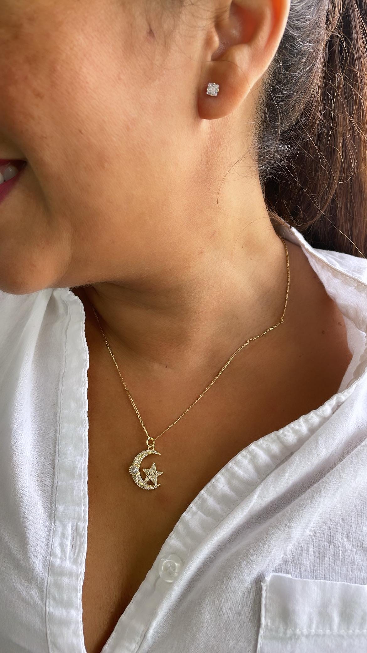 18k Gold Filled CZ Pave Moon & Star Necklace Charm