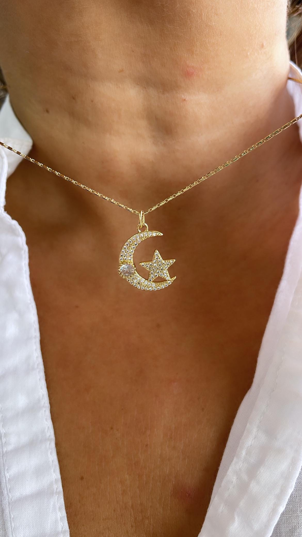 18k Gold Filled CZ Pave Moon & Star Necklace Charm