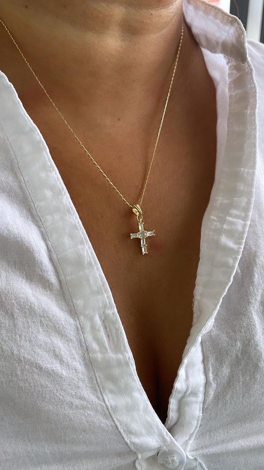 18k Gold Filled Clear CZ Baguette Stone Cut Cross Pendant In 2 Sizes