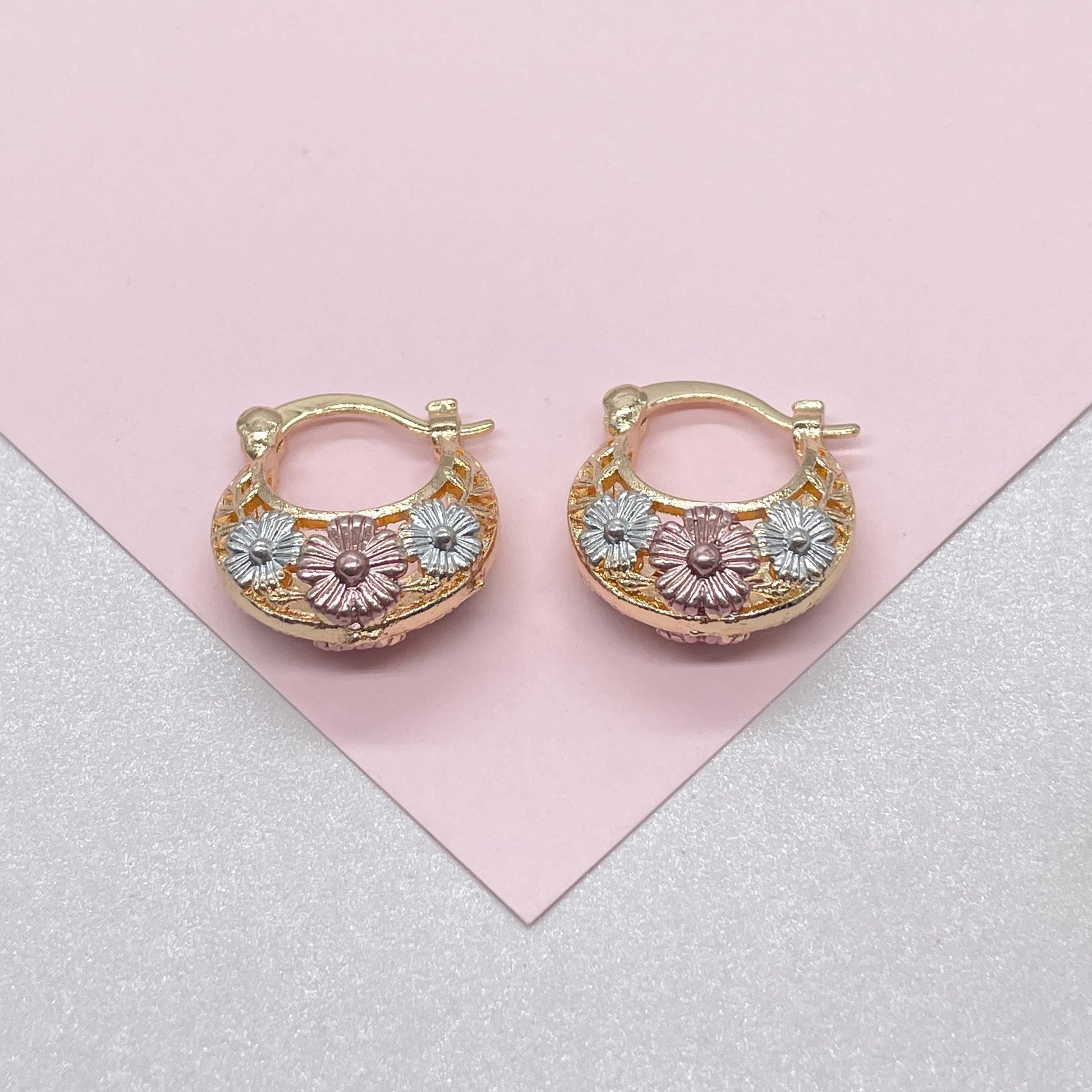18k Gold Filled Tri-Colored Thick Open Hollow Hoop Earrings With Floral Design