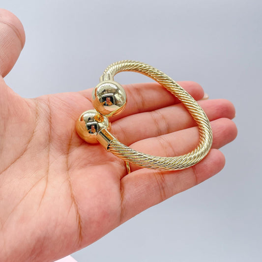 18k Gold Filled Twisted Bangle Featuring Two Solid Balls On Top Wholesale
