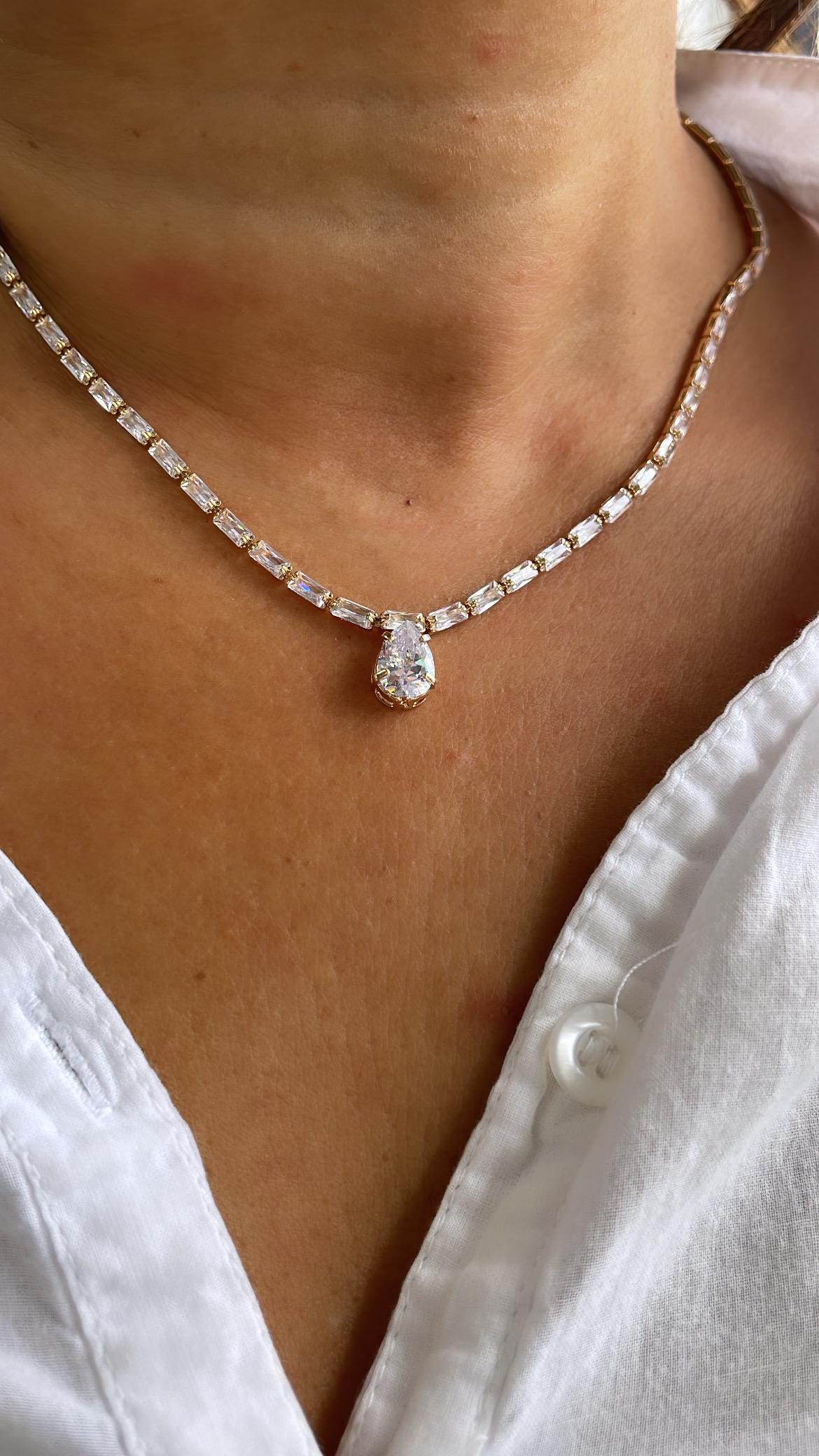 18k GoldFilled Baguette CZ Stone Set With Pear Shaped Stone in Center