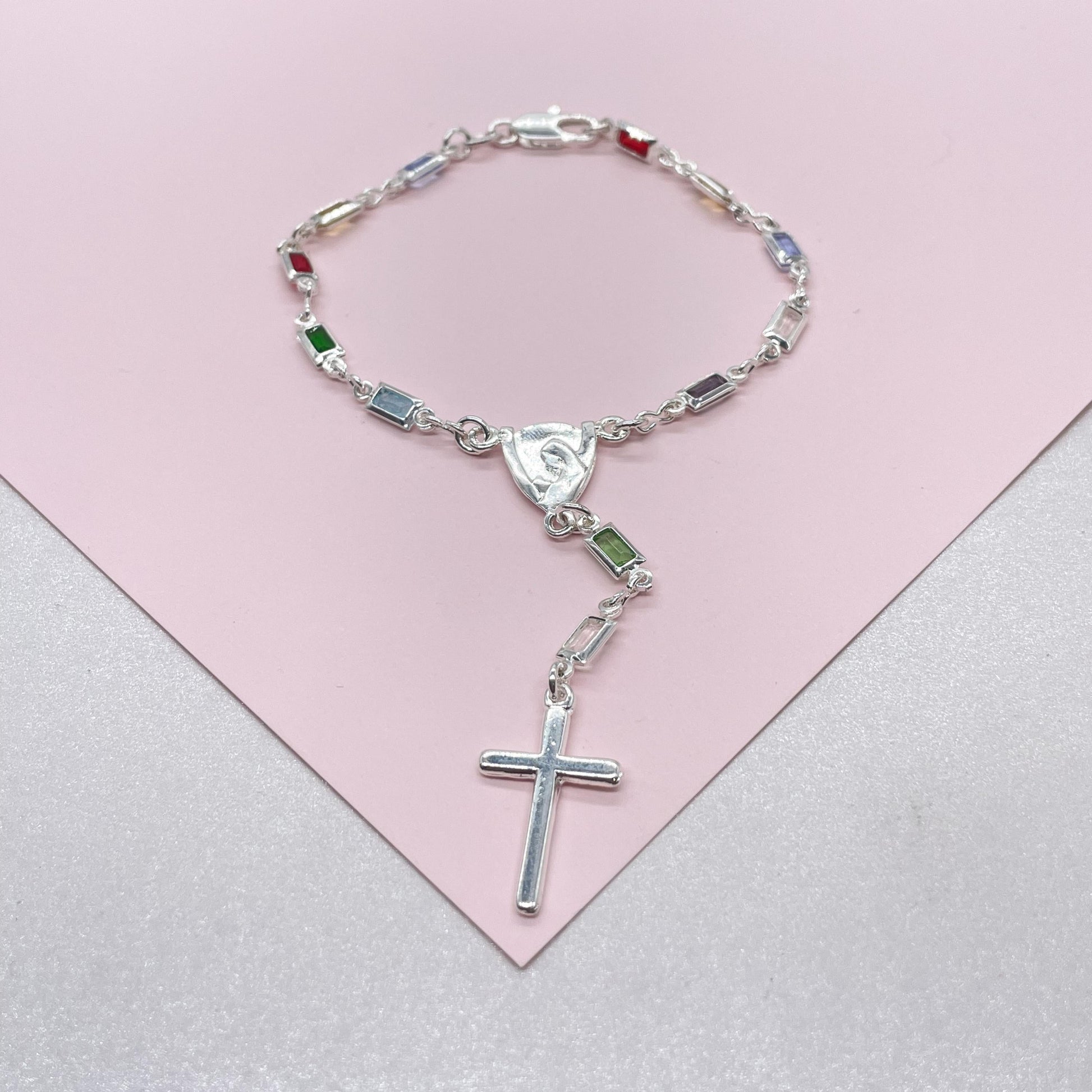 Silver Filled Small Baguette-Cut Colorful Rosary Bracelet, Multicolor with Virgin and Cross Medal