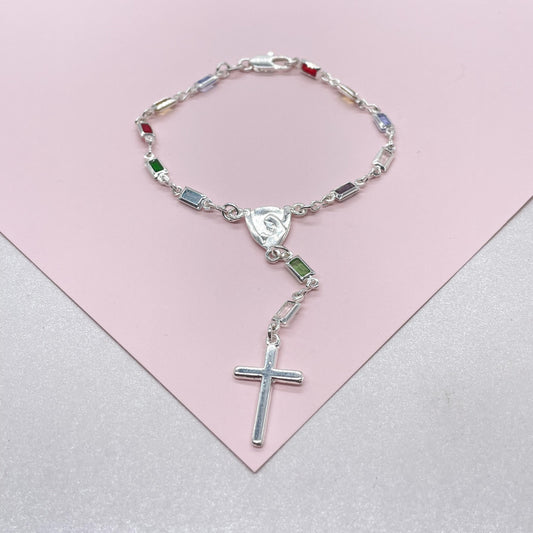 Silver Filled Small Baguette-Cut Colorful Rosary Bracelet, Multicolor with Virgin and Cross Medal
