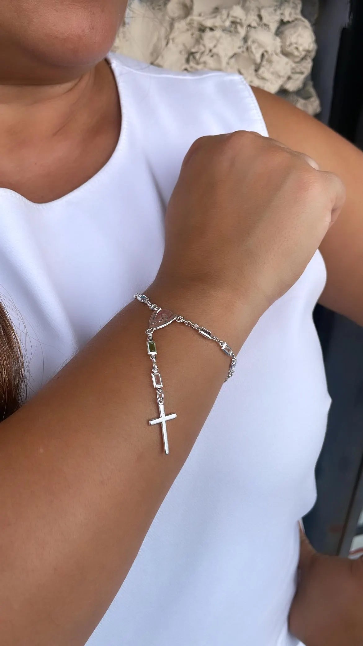 Silver Filled Small Baguette-Cut Colorful Rosary Bracelet, Multicolor with Virgin and Cross Medal