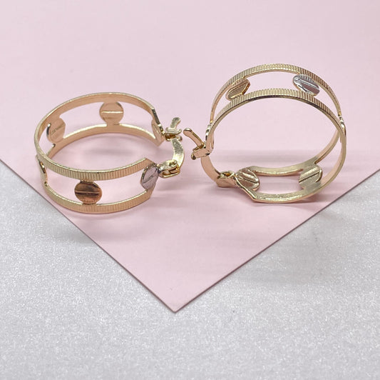 18k Gold Filled Dainty 3 Tone Screw Patterned Hoops