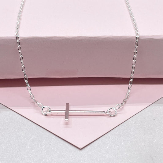 18k Silver Filled Curb Link Choker with Dainty Flat Cross Necklace, Minimalistic Choker, Dainty Cross, Religious Necklace