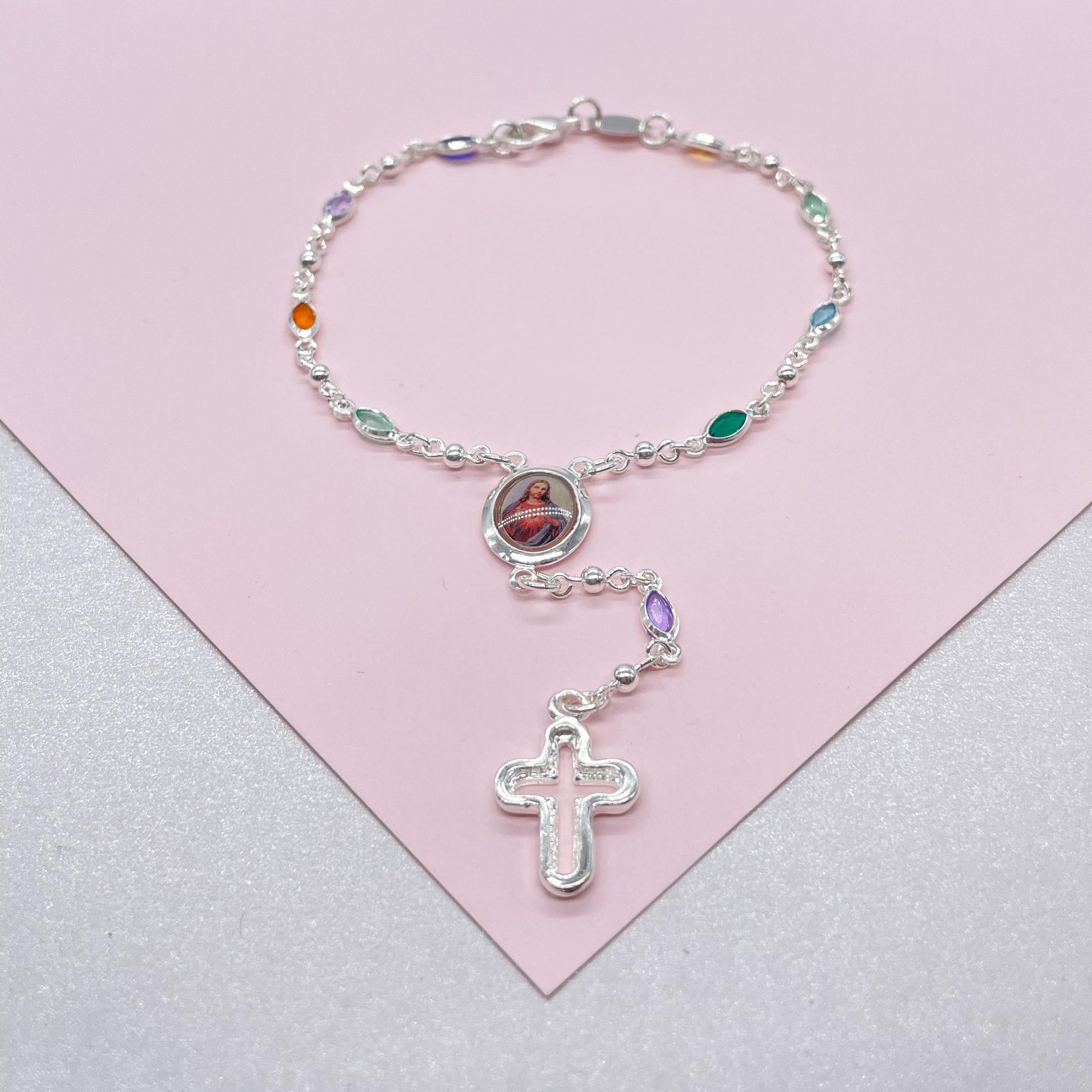 Silver Filled Small Round Colorful Rosary Bracelet, Multicolor with Jesus and Cross Medal