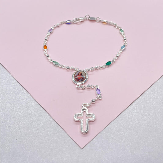 Silver Filled Small Round Colorful Rosary Bracelet, Multicolor with Jesus and Cross Medal