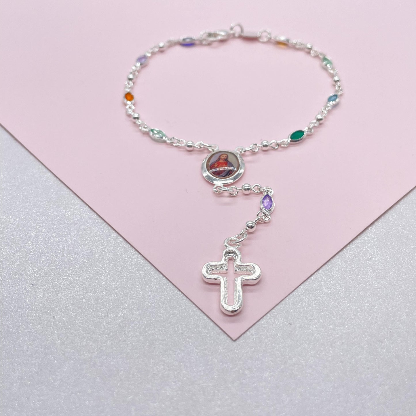 Silver Filled Small Round Colorful Rosary Bracelet, Multicolor with Jesus and Cross Medal