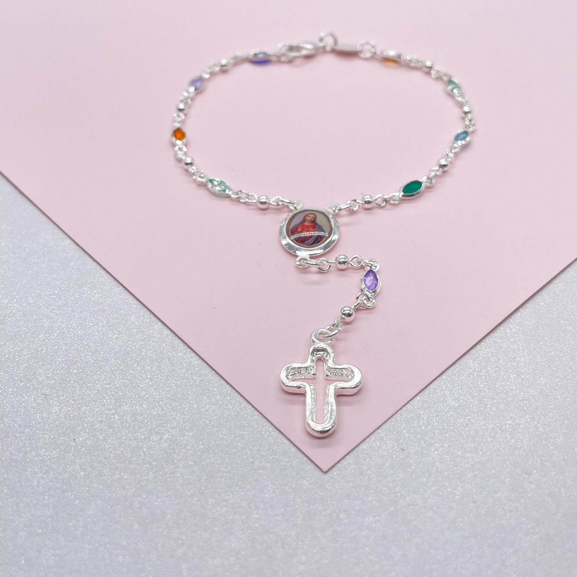 Silver Filled Small Round Colorful Rosary Bracelet, Multicolor with Jesus and Cross Medal