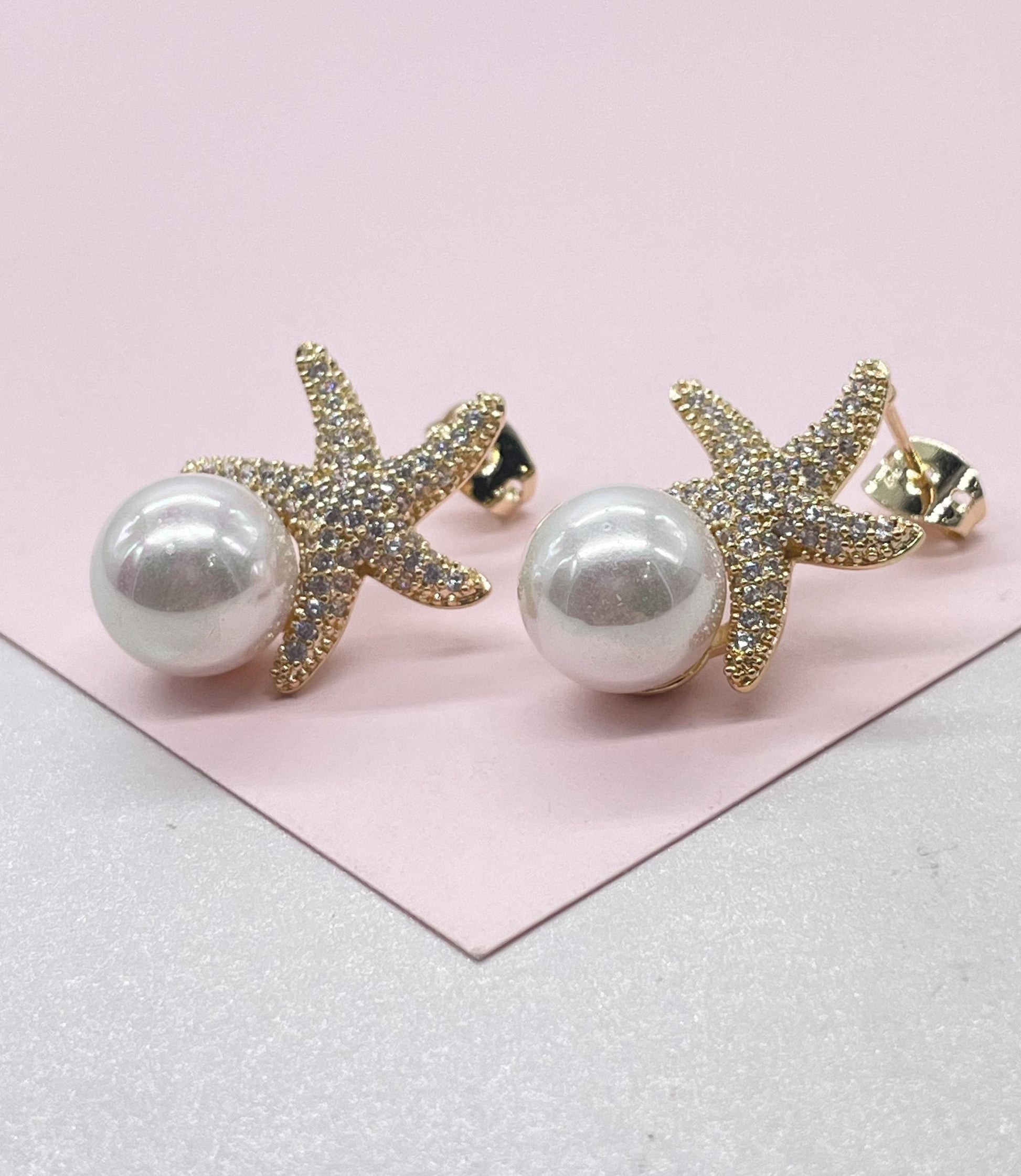 18k Gold Filled CZ Pave Star and Faux Pearl Stud Earring Featuring StarFish