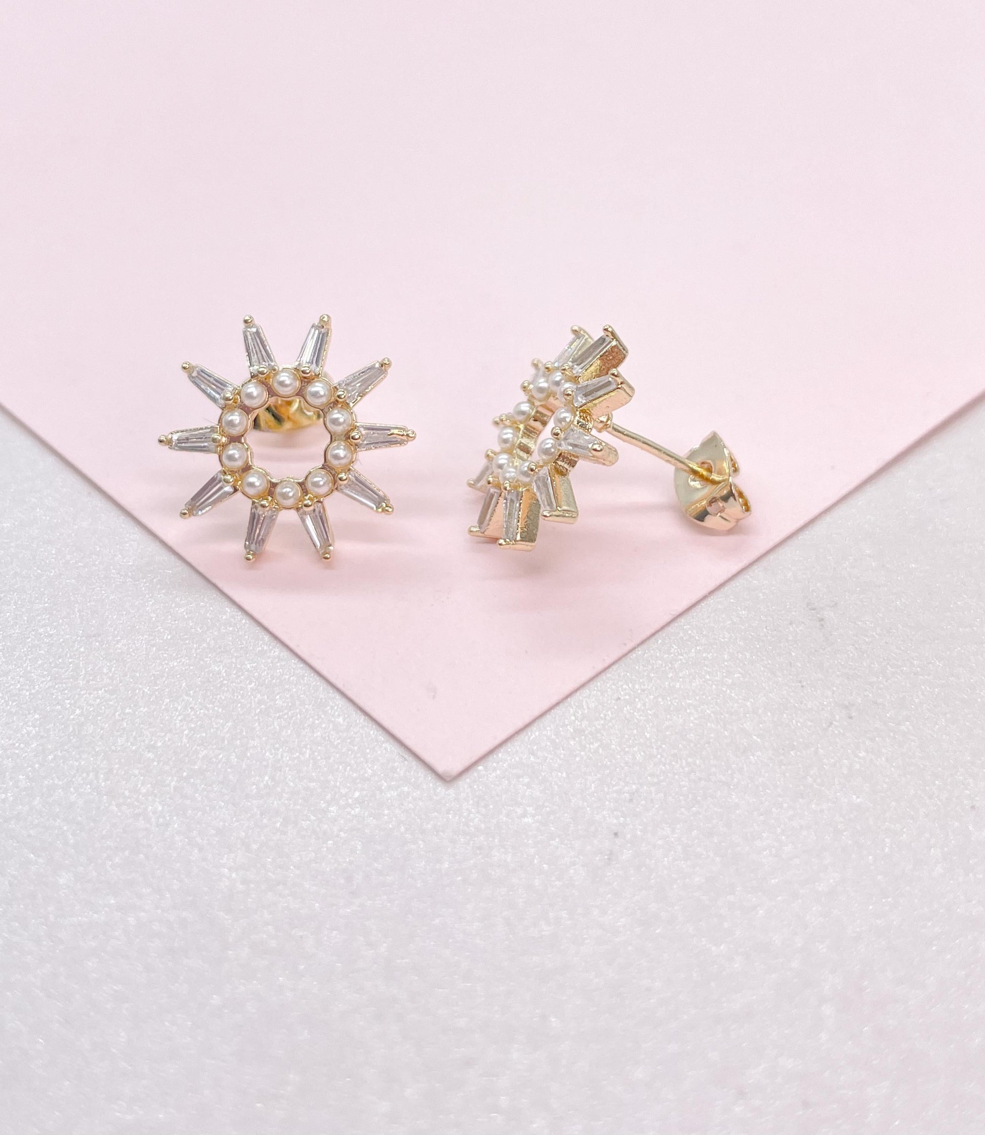 18k Gold Filled Sunburst Pearl Earring Crowned with CZ