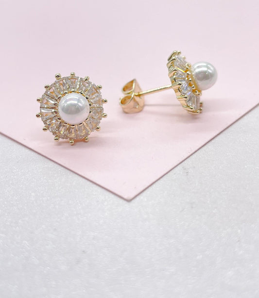 18k Gold Filled Round Stud with mini baguette zirconias and a baby pearl in the middle