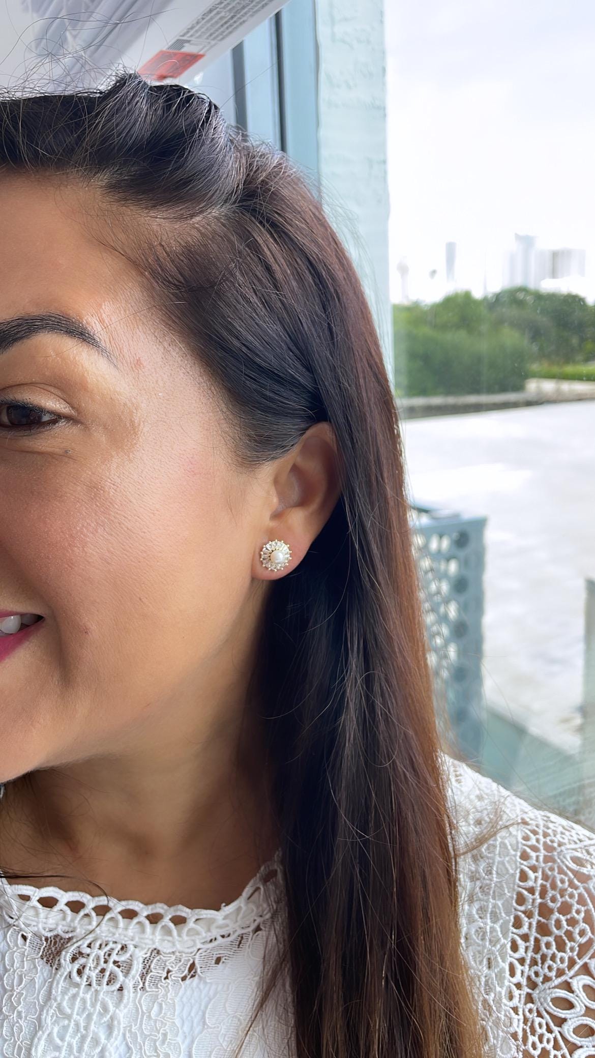 18k Gold Filled Round Stud with mini baguette zirconias and a baby pearl in the middle