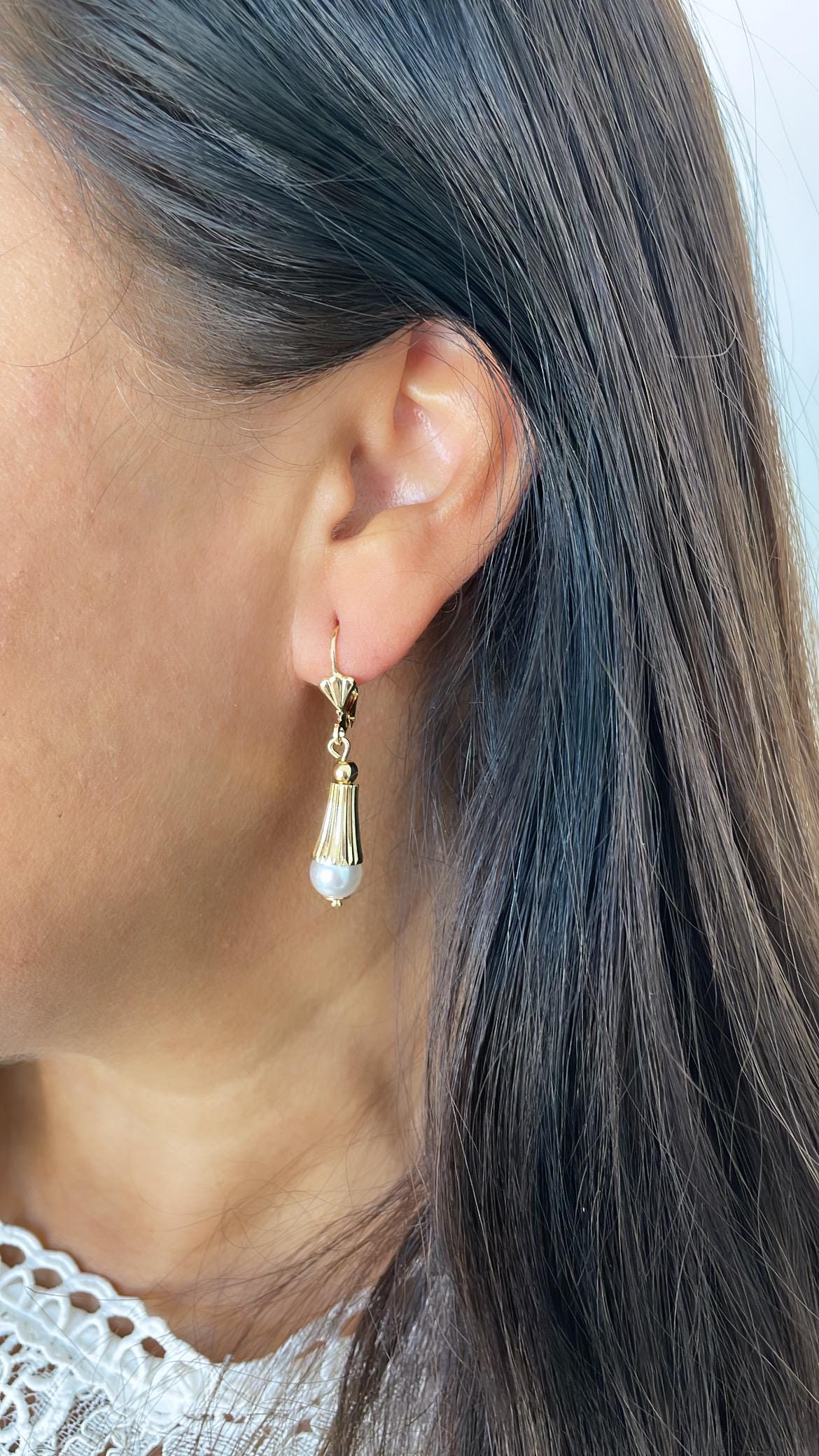 18k Gold Filled Cylinder-Cone Shape Drop Earring featuring a Small Smooth Pearl