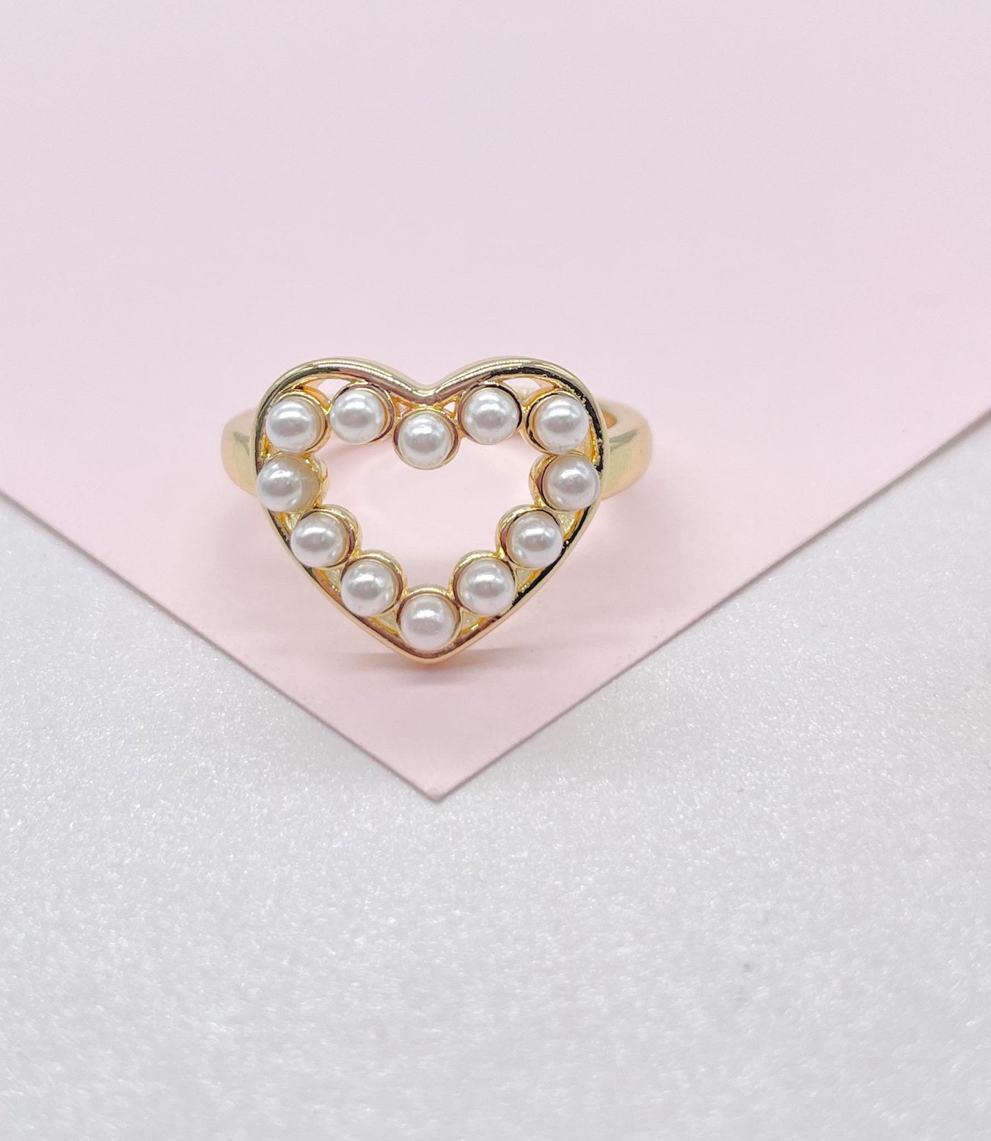 Adjustable 18k Gold Filled Pearl Heart Outline Ring