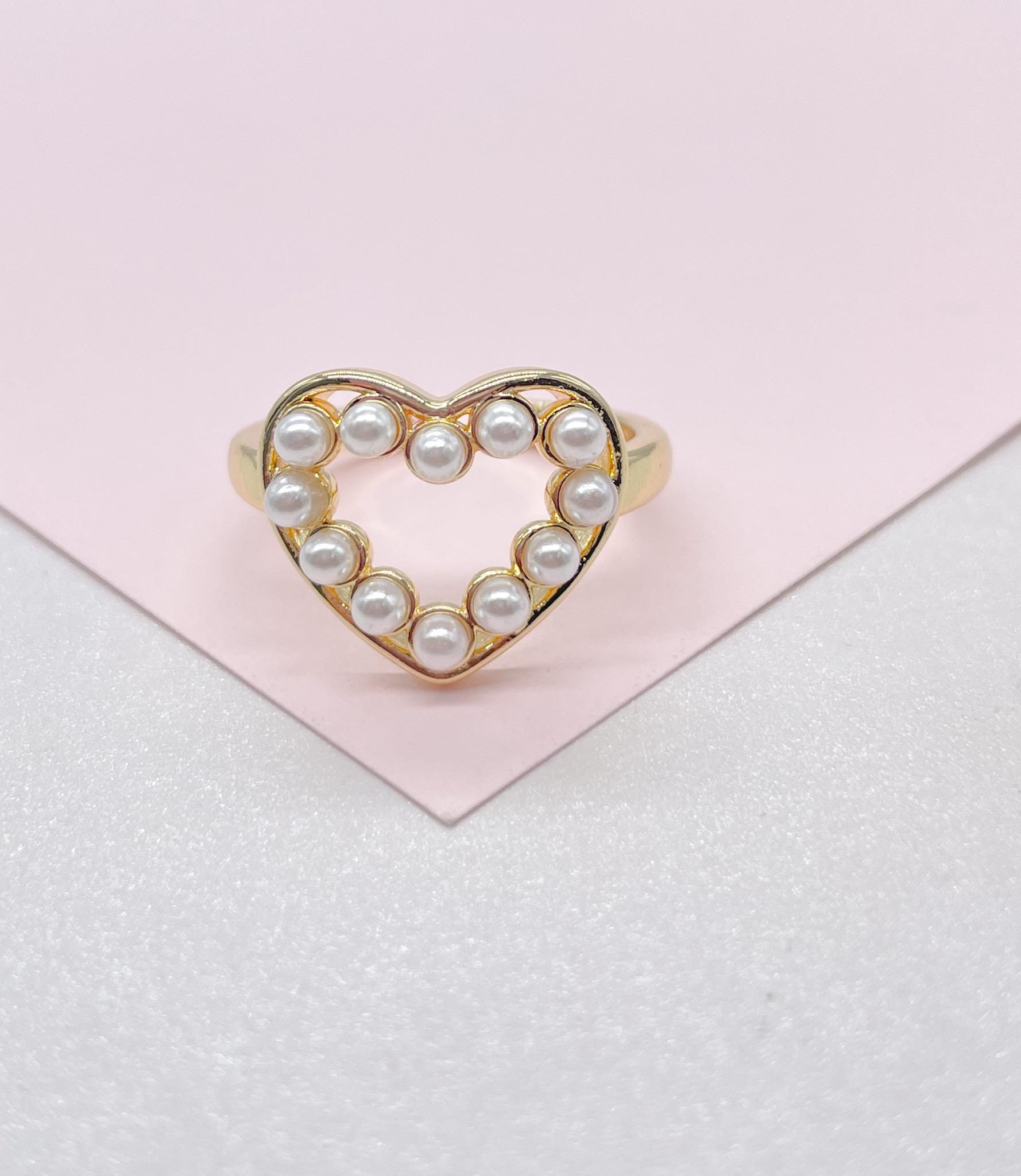Adjustable 18k Gold Filled Pearl Heart Outline Ring