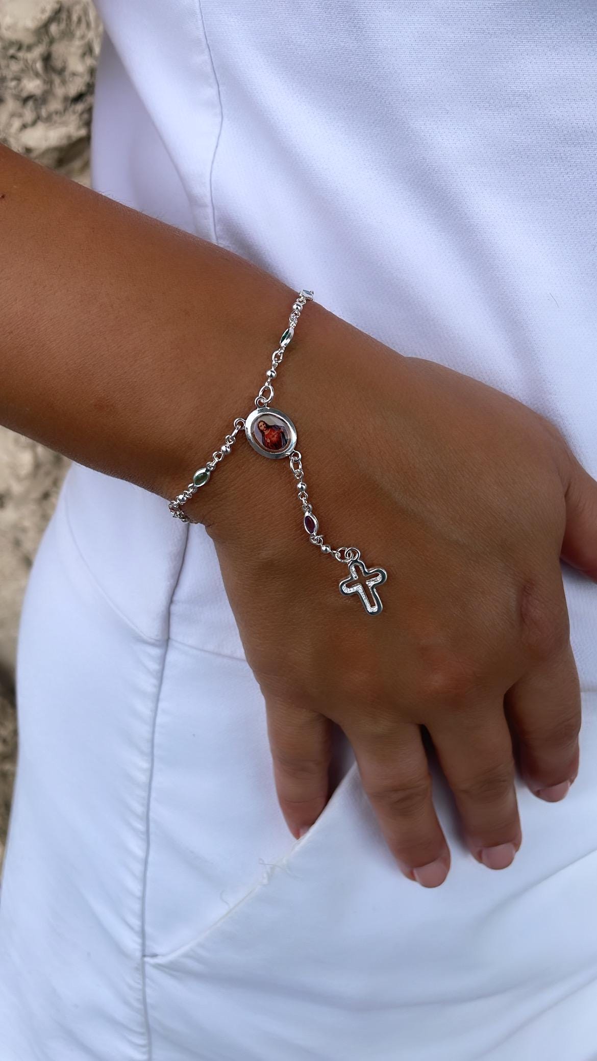 Silver Filled Small Round Colorful Rosary Bracelet, Multicolor with Jesus and Cross Medal