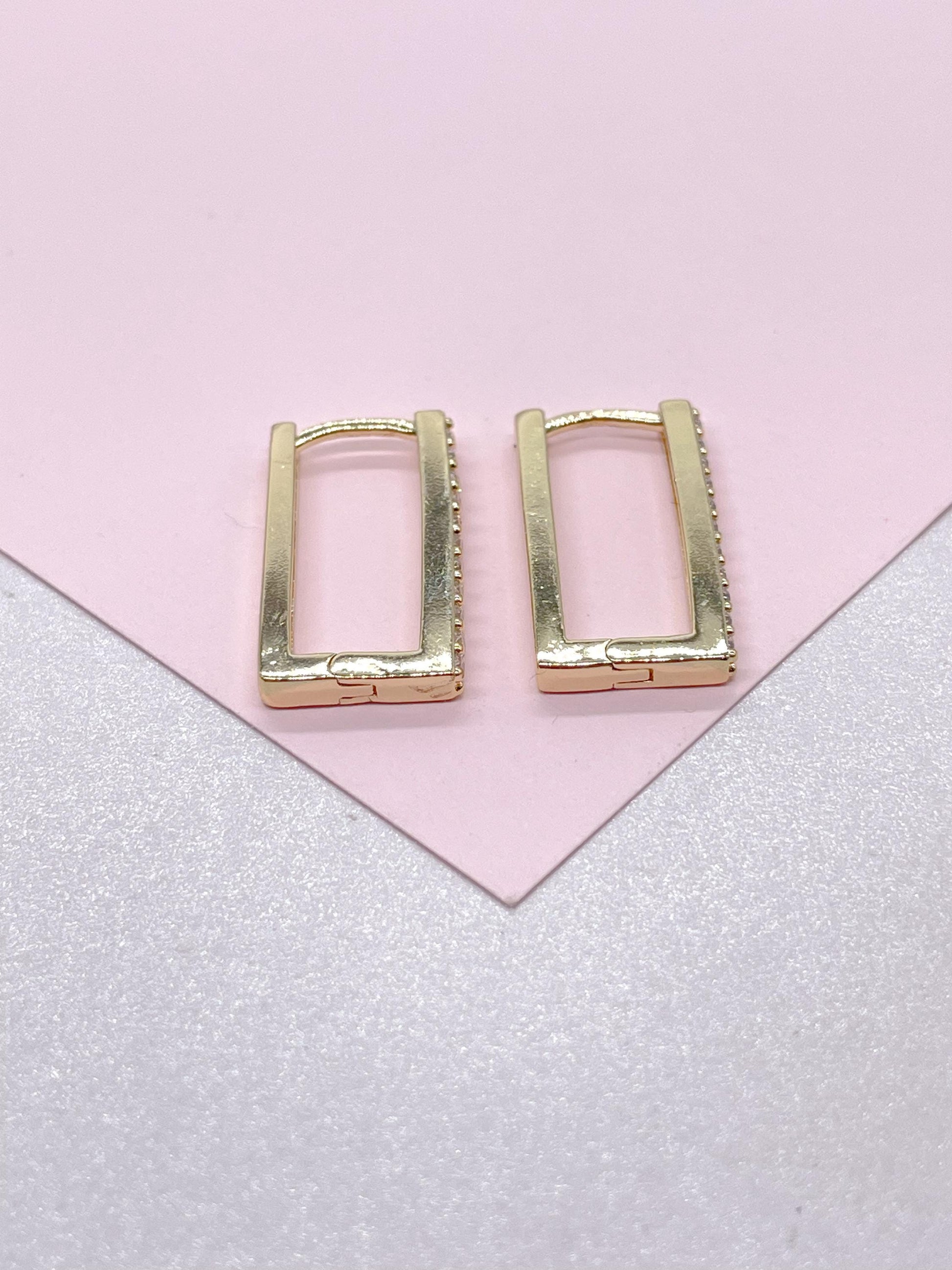18k Gold Filled Minimalist Rectangle CZ Pave Hoop Earring