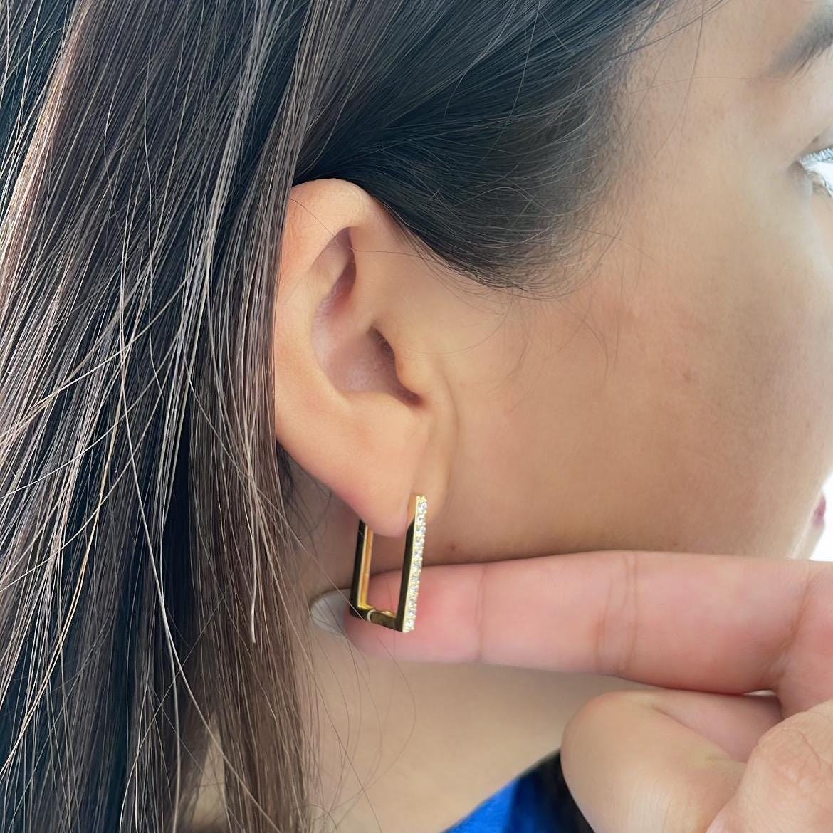 18k Gold Filled Minimalist Rectangle CZ Pave Hoop Earring