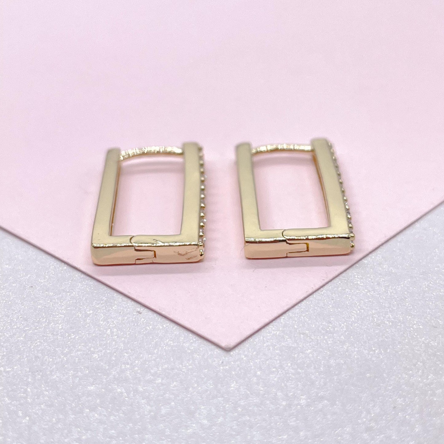 18k Gold Filled Minimalist Rectangle CZ Pave Hoop Earring