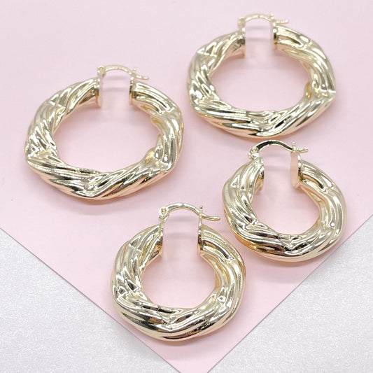 18k Gold Filled Twisted 7mm Thick Hoop Earrings, Thick and Flat Hoop