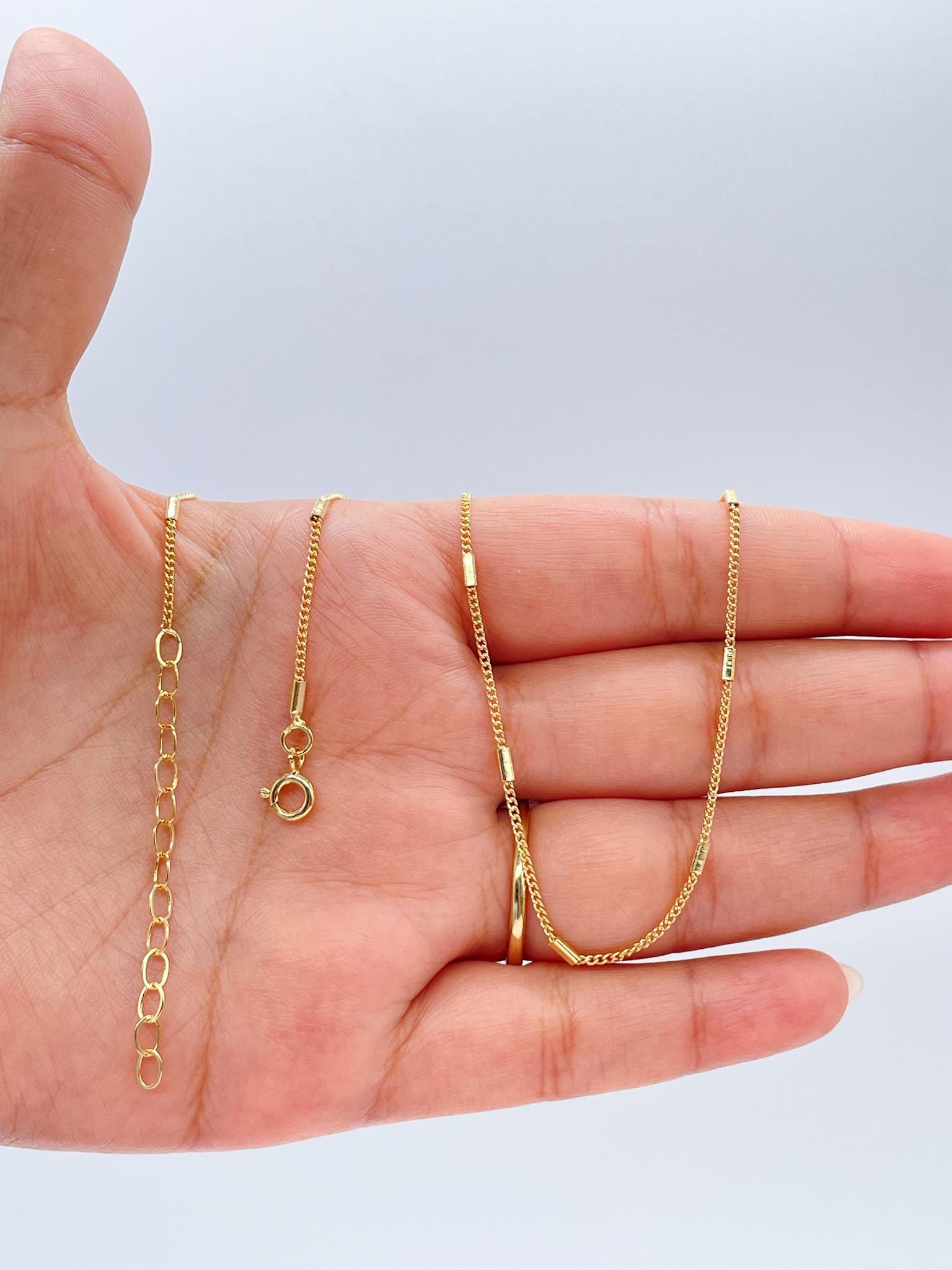 18k Gold Filled 1.5 mm Dainty Interspaced Solid Bar Dash Curb Chain Necklace Supplies Designers