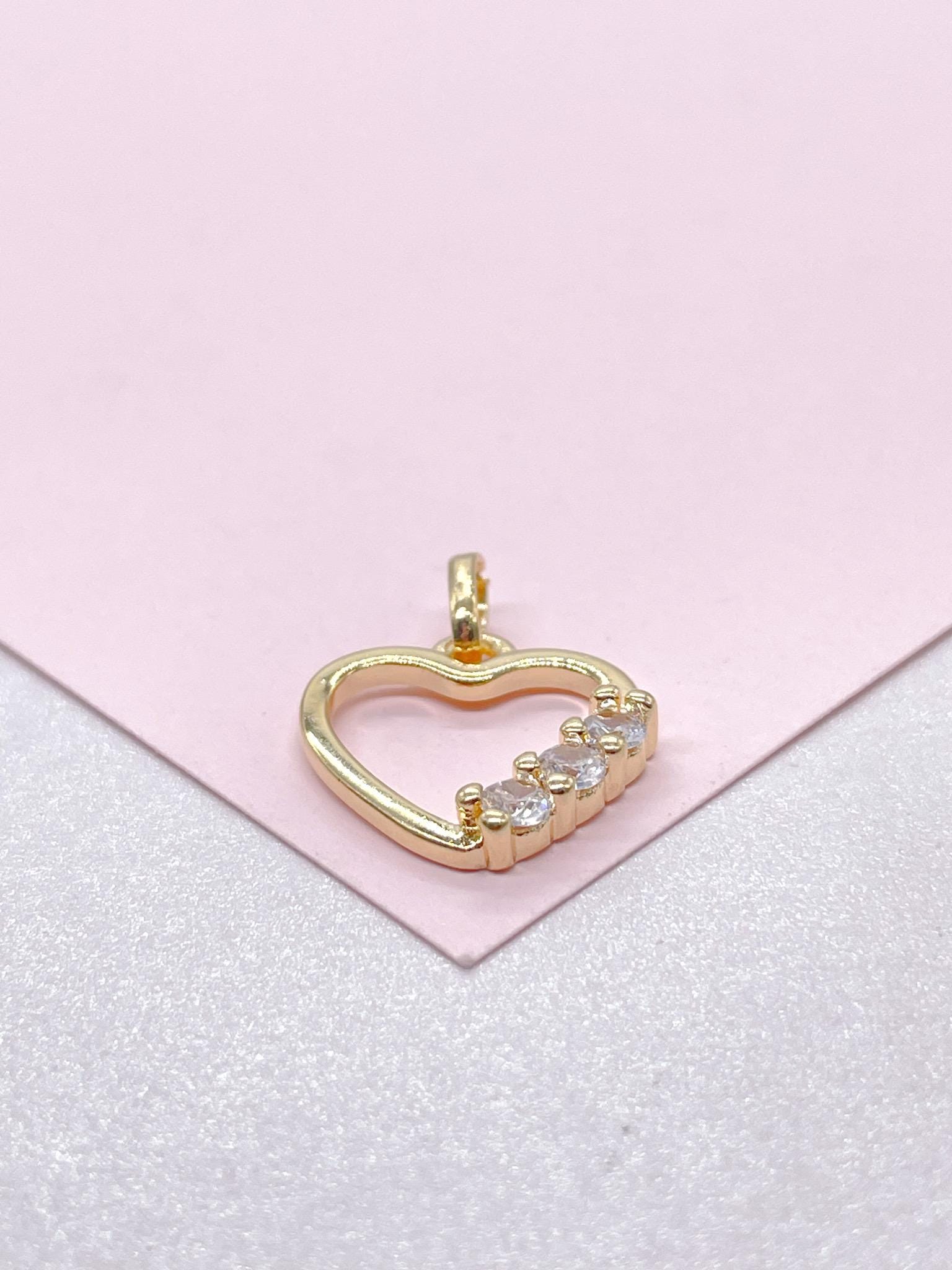 18k Gold Filled Smooth Heart Pendant With Round CZ Stones on Edge
