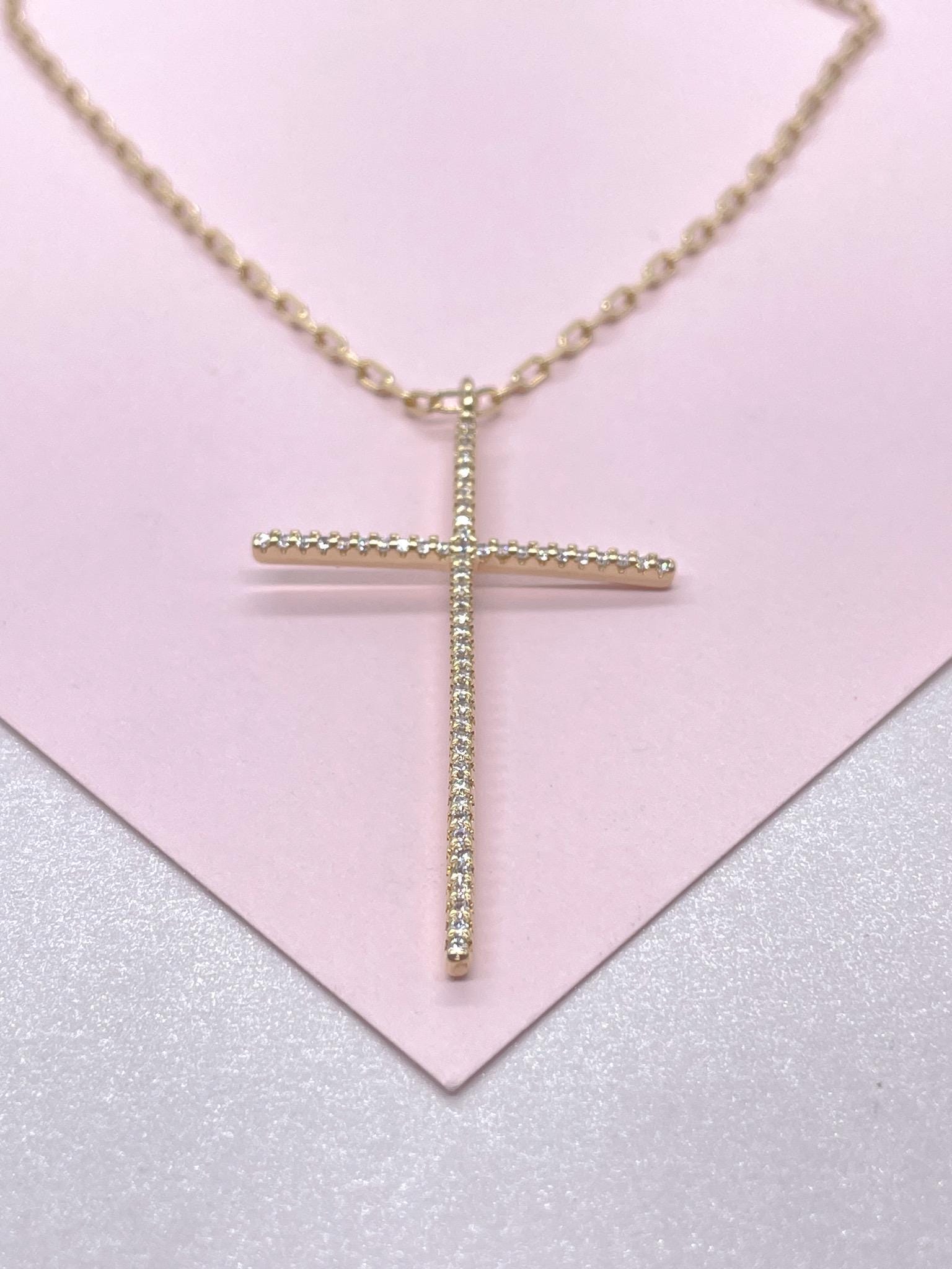 18k Gold Filled 1.5mm Ultra-Thin CZ Cross Pendant with Paper Clip Chain
