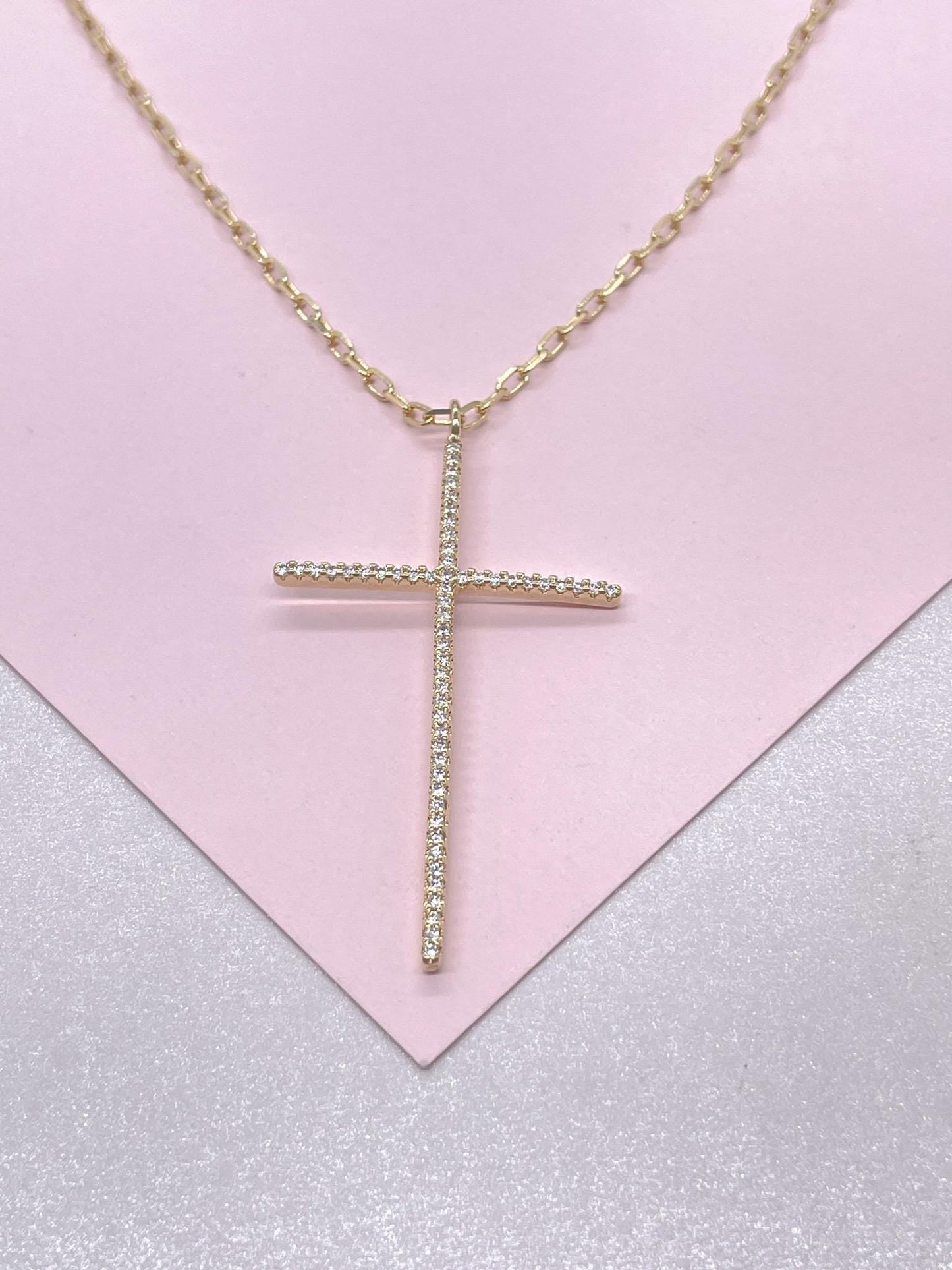 18k Gold Filled 1.5mm Ultra-Thin CZ Cross Pendant with Paper Clip Chain