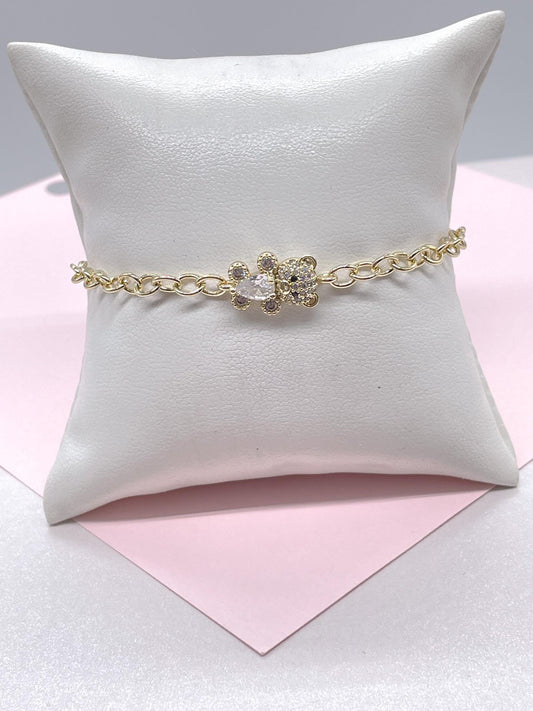 18k Gold Filled Adjustable Curb Link Bracelet With CZ Teddy Bear Center