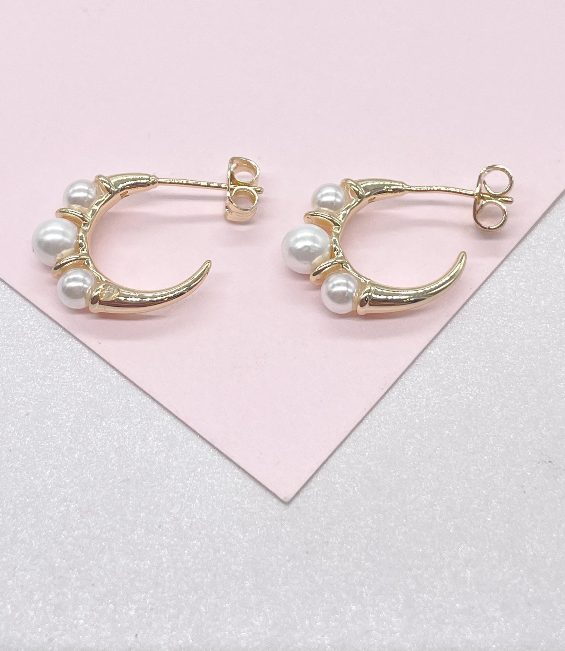 18k Gold Filled Smooth Gold Plain Hoop With Peal Beads Engraved