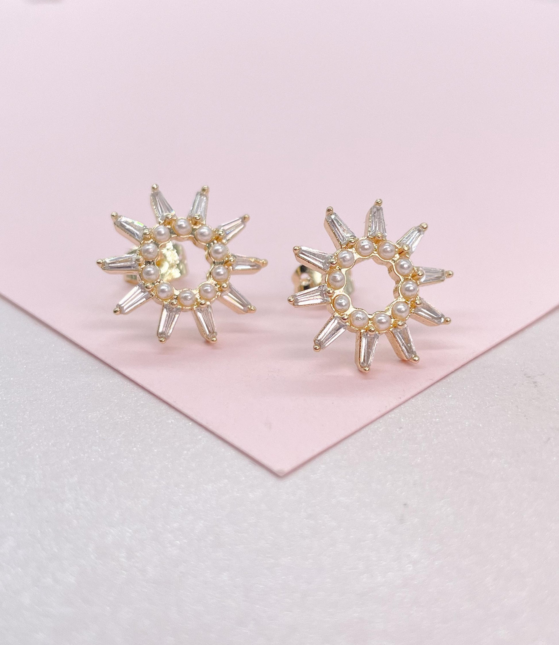 18k Gold Filled Sunburst Pearl Earring Crowned with CZ