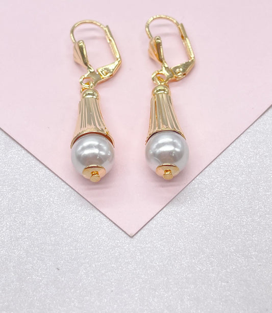 18k Gold Filled Cylinder-Cone Shape Drop Earring featuring a Small Smooth Pearl