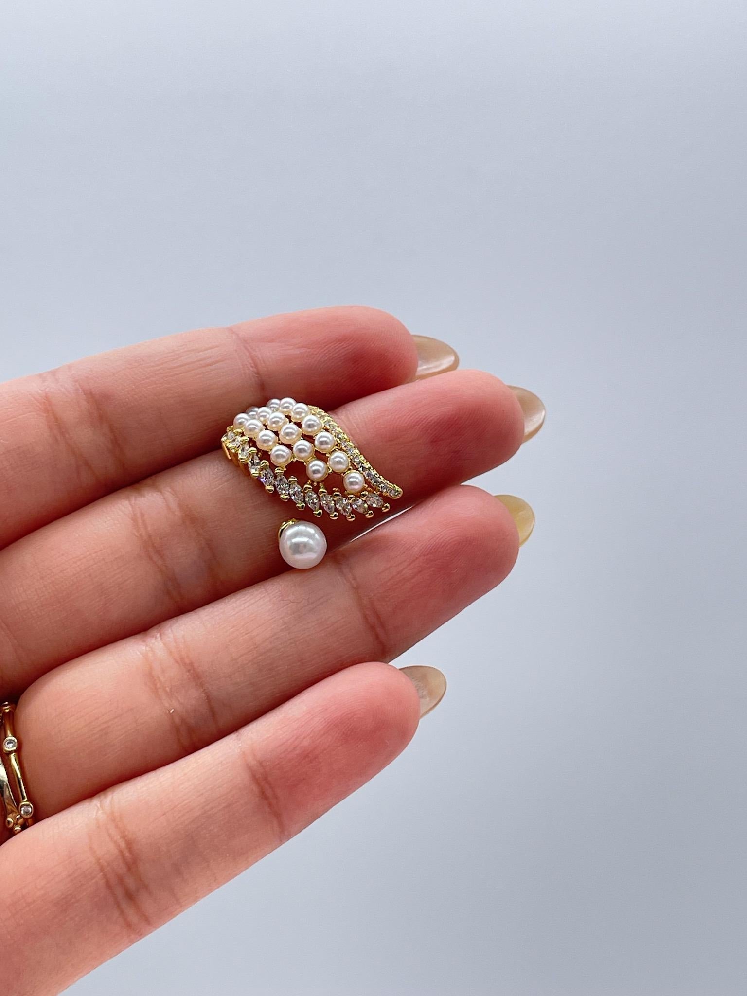 Adjustable 18k Gold Filled Leaf Shape Mini Pearl Ring with Marquise CZ