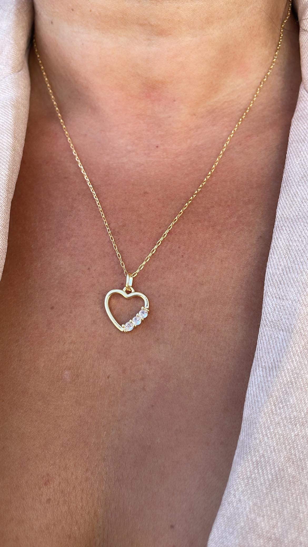 18k Gold Filled Smooth Heart Pendant With Round CZ Stones on Edge