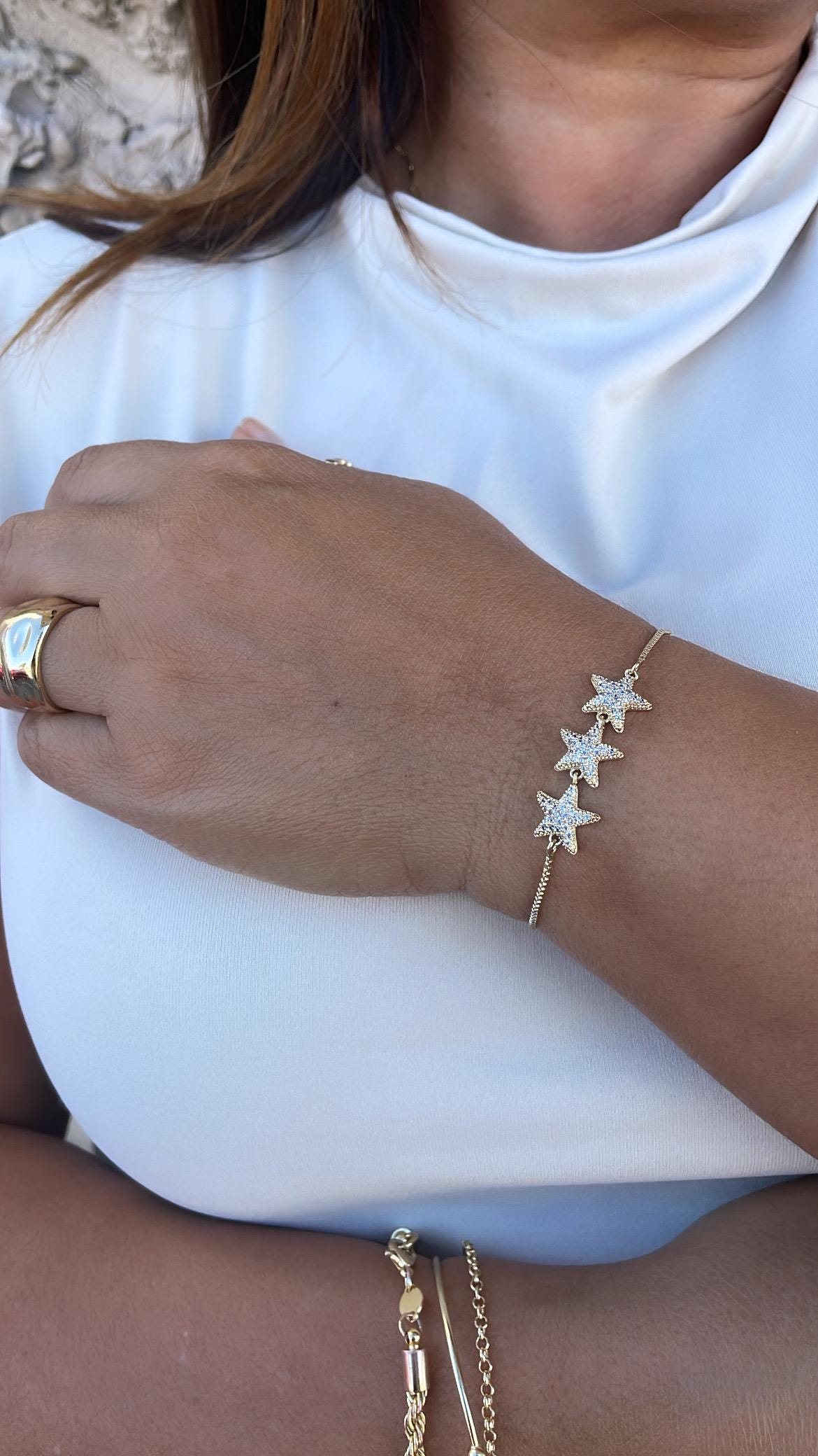 18k Gold Filled 3 Pave Star Adjustable Bracelet