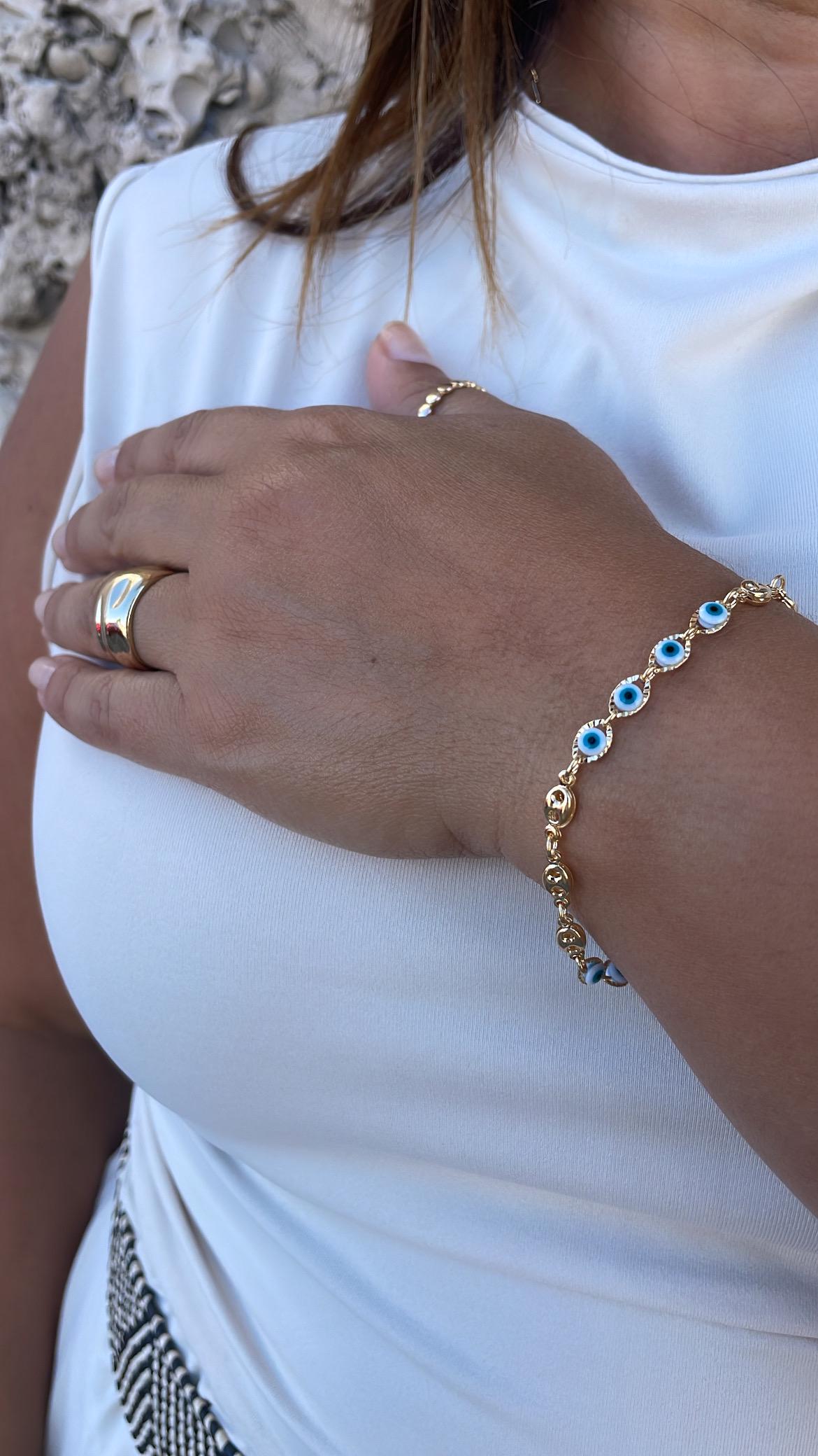 18k Gold Filled Blue Evil Eye Charm Bracelet with Puffy Mariner Links