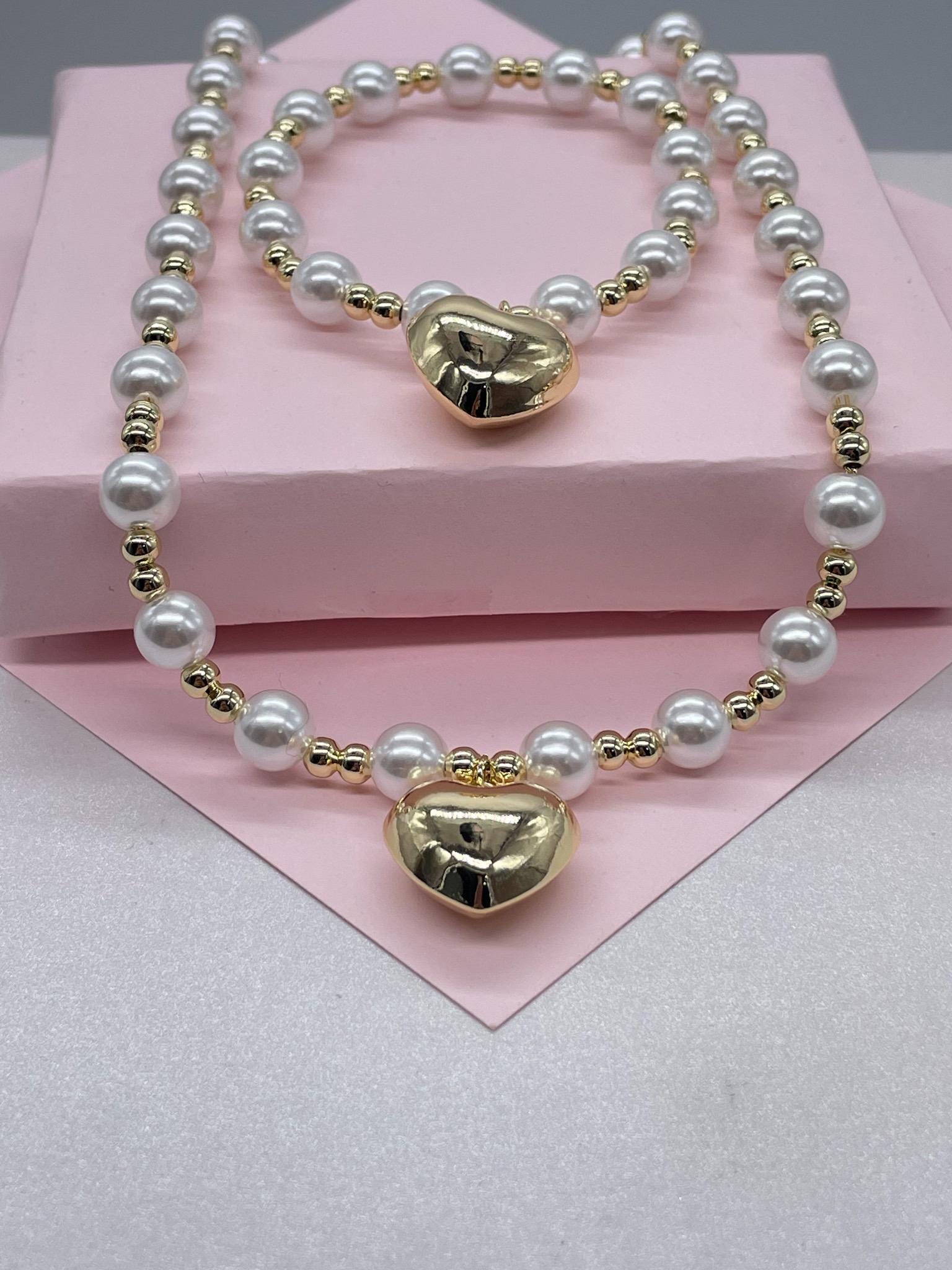 18k Gold Filled Gold And Pearl Bead necklace with Puffy Heart Center