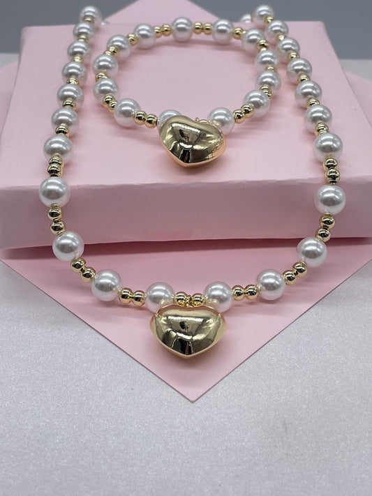 18k Gold Filled Gold And Pearl Bead necklace with Puffy Heart Center