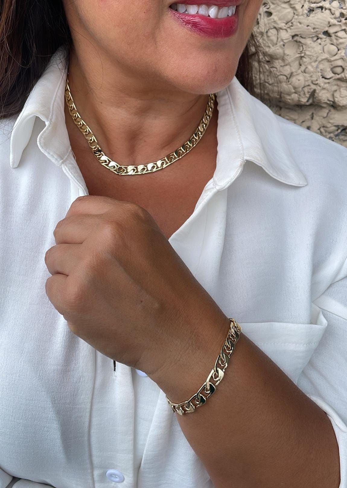 18k Gold Filled Flat Rectangle Linked Chain & Bracelet