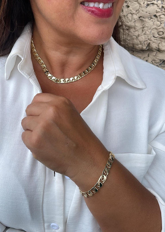 18k Gold Filled Flat Rectangle Linked Chain & Bracelet
