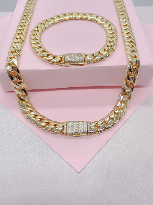 14k Gold Filled 8mm Monaco Link Necklace Chain and Bracelet With CZ Pave Embellished Clasp
