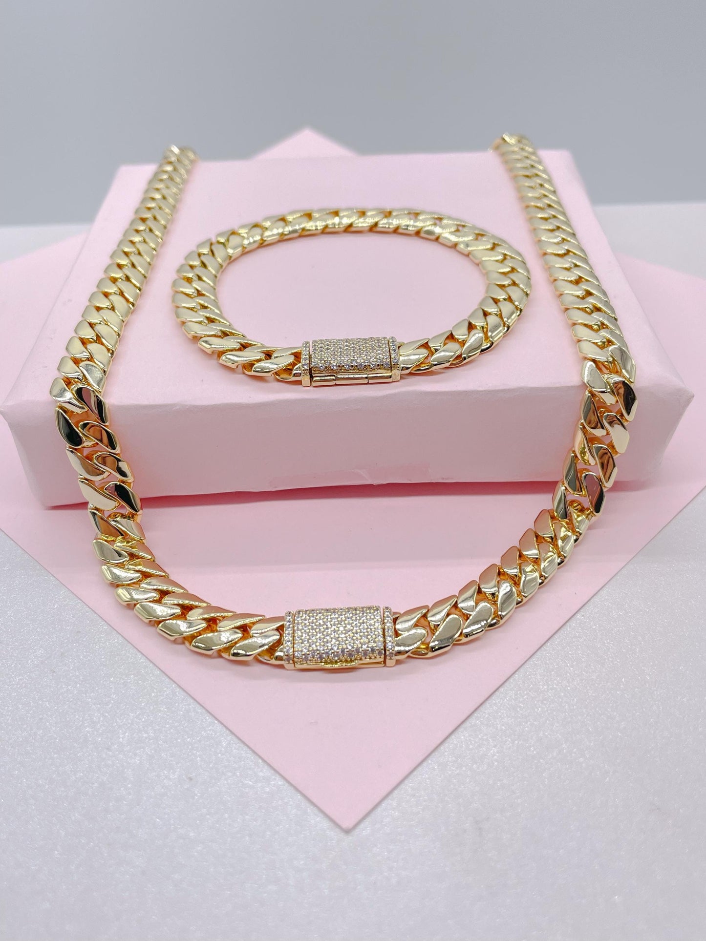 14k Gold Filled 8mm Monaco Link Necklace Chain and Bracelet With CZ Pave Embellished Clasp