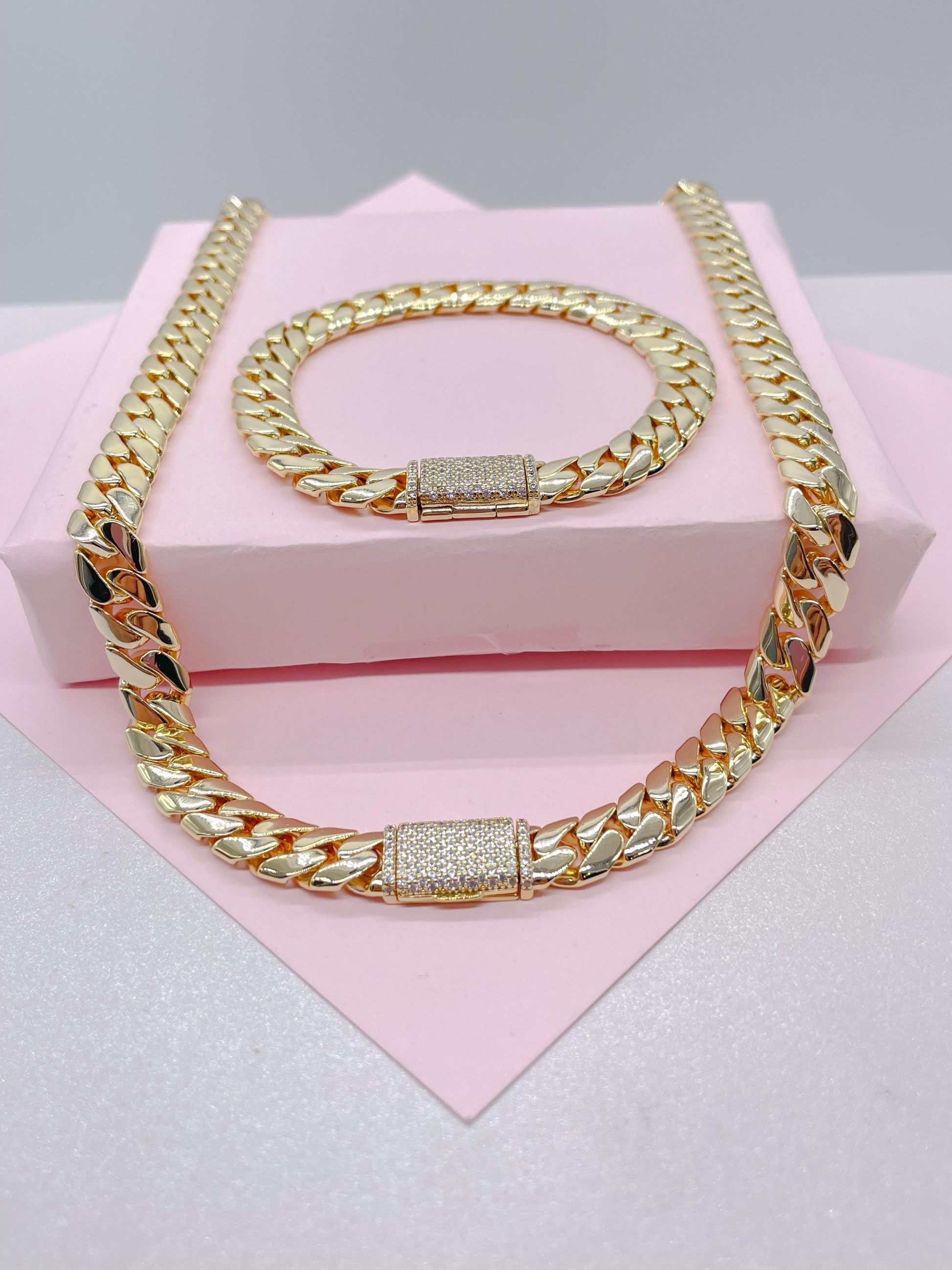 14k Gold Filled 8mm Monaco Link Necklace Chain and Bracelet With CZ Pave Embellished Clasp